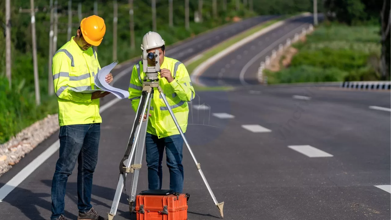 Surveyors analyzing construction plans on site while using a total station for precise measurements.