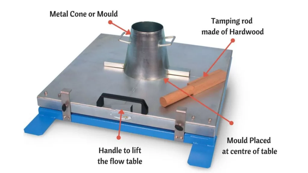 Flow table apparatus for conducting the flow table test on concrete, featuring a metal cone mold, tamping rod, and handle for easy lifting.