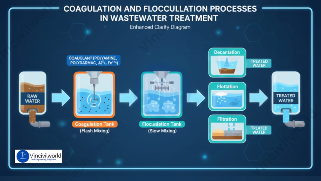 Coagulation and flocculation process flow diagram in primary waste water treatment