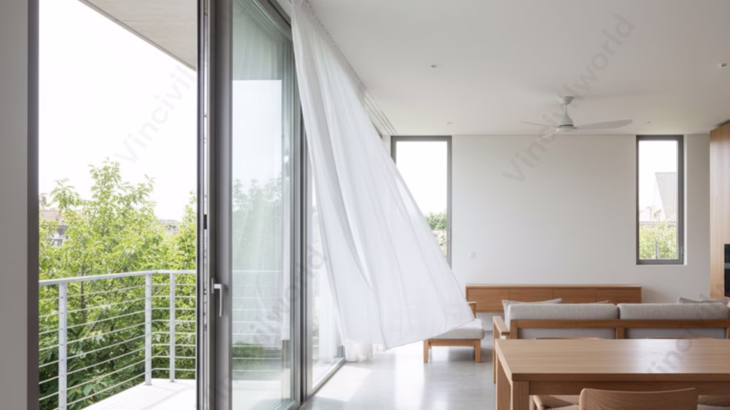 A modern living space featuring large glass doors that open to an outdoor area, with flowing white curtains and a minimalistic wooden dining table and chairs.