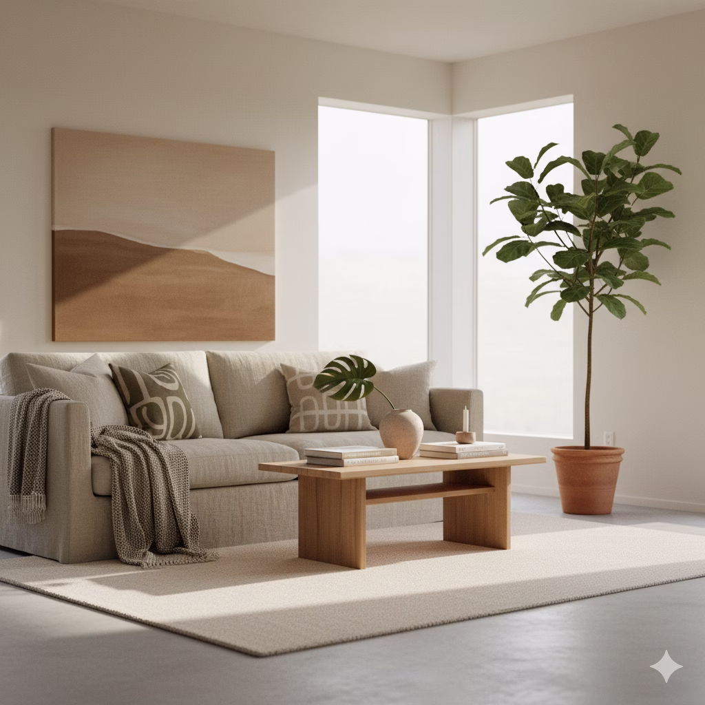 A cozy living room with a light-colored sofa adorned with patterned cushions, a wooden coffee table with books, a sculptural vase, and a potted plant, all bathed in natural light from large windows.
