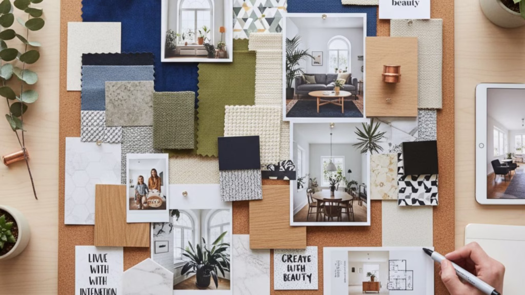A mood board showcasing various fabric swatches, color samples, and interior design inspiration, including photographs of styled living spaces and sketches, arranged on a cork board with a hand writing notes.