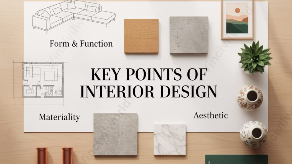 A visual representation outlining the key points of interior design, featuring categories such as Form & Function, Materiality, and Aesthetic, accompanied by samples of materials and a floor plan sketch.